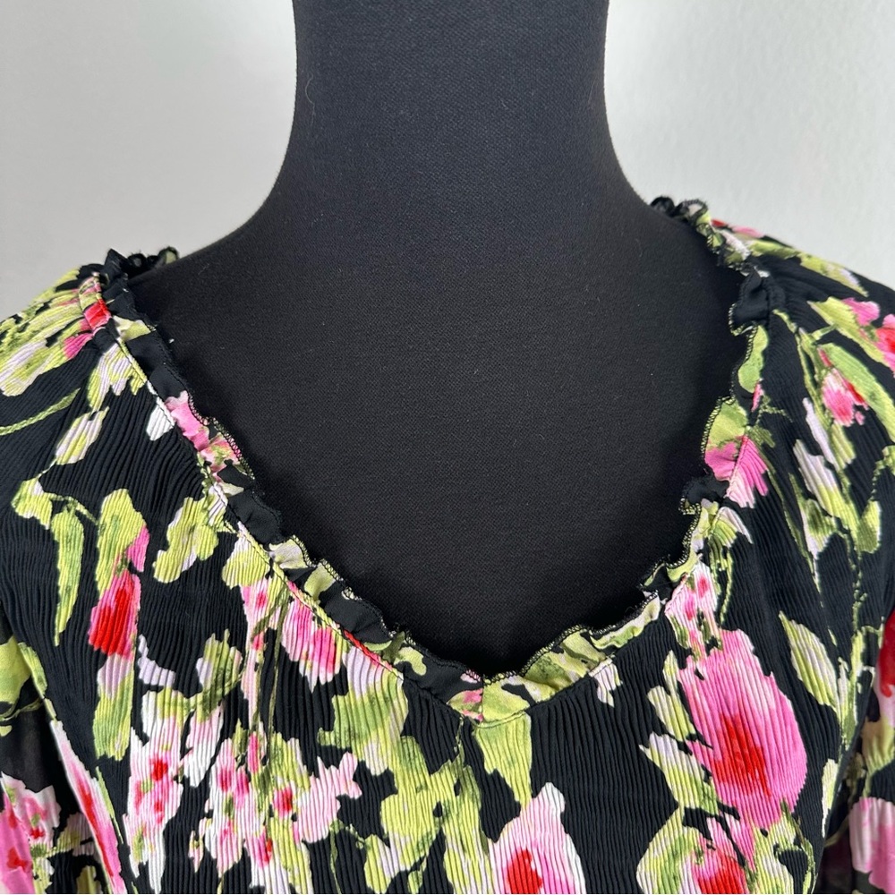 Floral & Ivy Floral Top Sz Large Sheer Pleated Stretch Flare Sleeve Peasant Boho - Picture 4 of 14